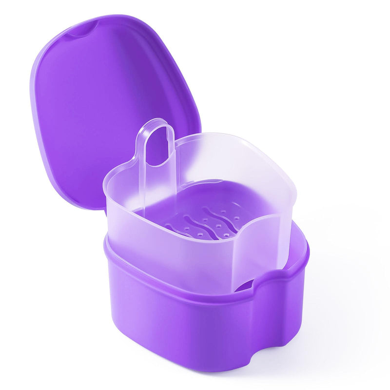 [Australia] - JMU Denture Bath Case, Denture Cup for Soaking Dentures with Strainer Basket Tray for Dentures, Mouth Guard Storage Case, Purple 