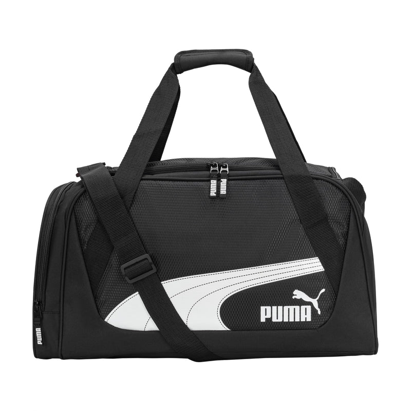 PUMA unisex-adult Form Factor Duffel with Adjustable Strap, Padded Bottom & Zip Pockets Black/White One Size