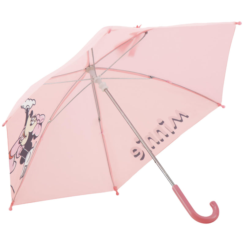 Disney Minnie Mouse Children's Rain Umbrella with Bow Tie Wrap, Pink | Manual Folding, Windproof, Lightweight, and Packable for Travel, 26.5 Inch Arc