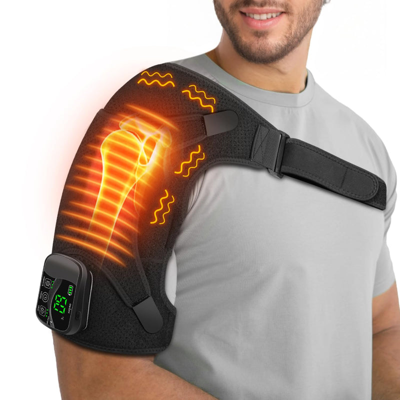 Cordless Electric Heated Massage Shoulder Wrap Pad with 3 Vibration and Heat Settings Hot Therapy for Shoulder Pain Relief, Black, One Size