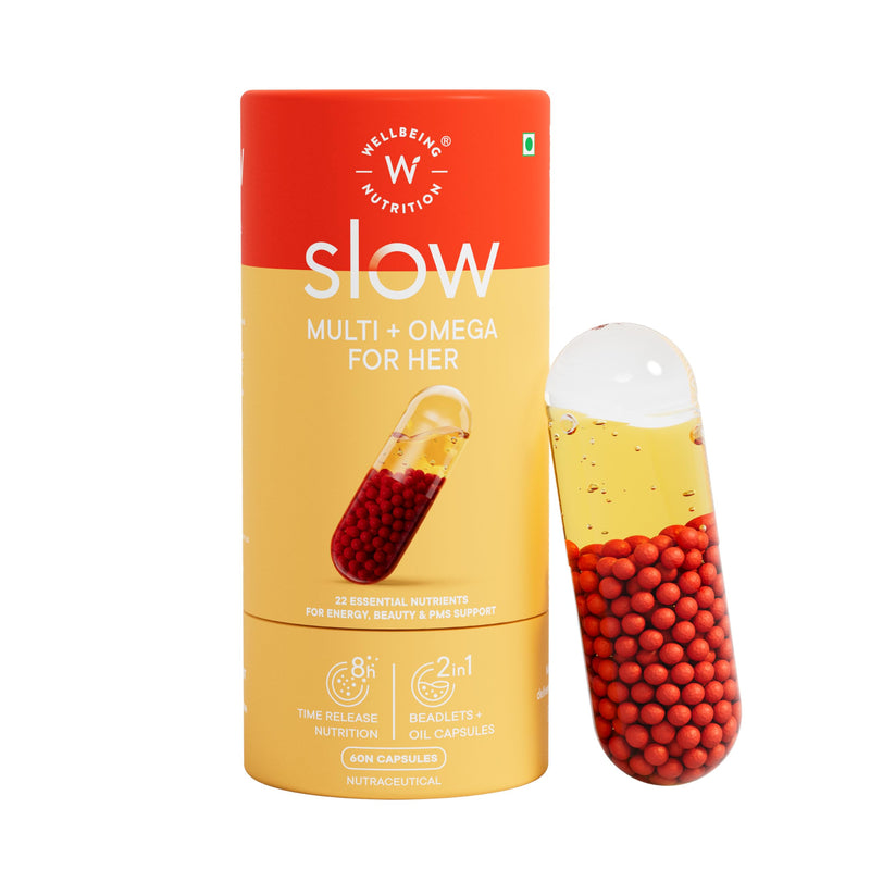 WELLBEING NUTRITION Slow Multi + Omega for Her Multivitamin Capsule for Women | Vegan Omega-3 Oil, B-Complex, Antioxidant Blend for her
