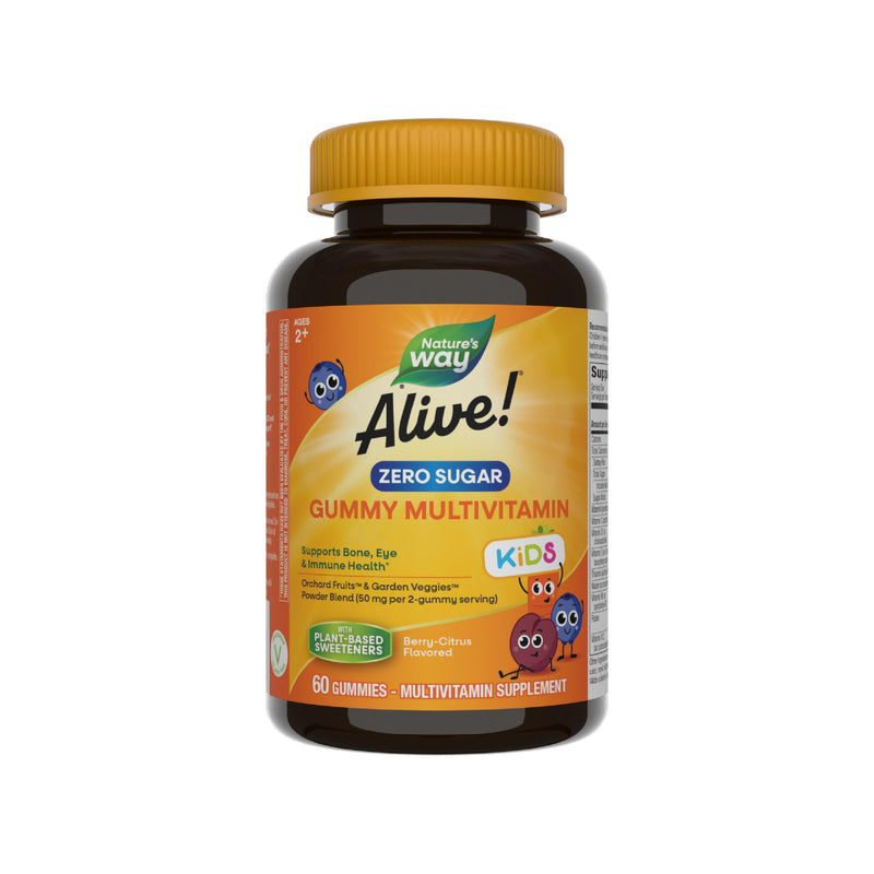 [Australia] - Nature's Way Alive! Kids Zero Sugar Gummy Multivitamins, for Kids Ages 2+, Supports Bone, Eye & Immune Health*, No Sugar Alcohols, Plant-Based Sweeteners, Berry-Citrus Flavored, 60 Gummies 