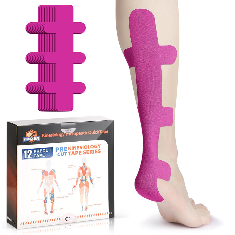 Kinesiology Tape for Achilles Tendon, KTQUICK 12 Count Achilles Tendon Tape Precut, Original Cotton Waterproof&Breathable, Enhance Elastic Kinesiology Athletic Tape for Achilles&Muscle Support(Pink) Pink