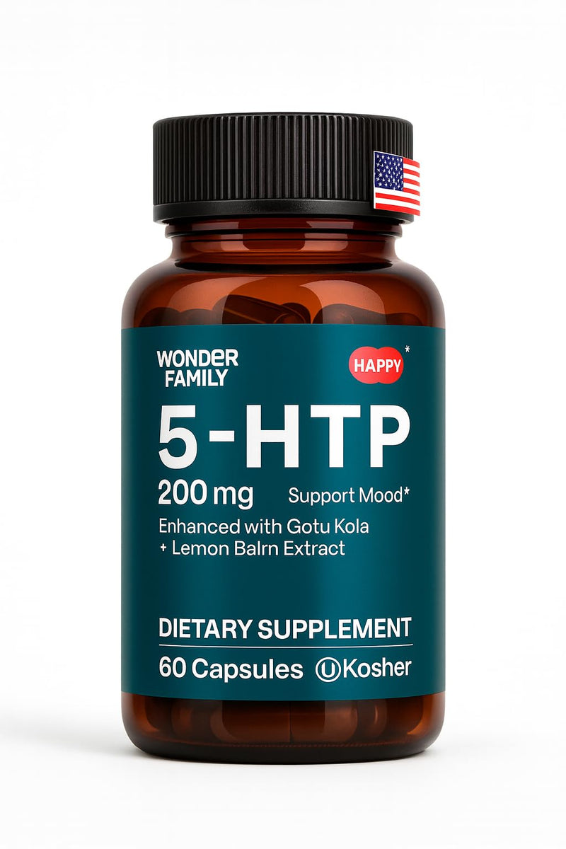 WONDER FAMILY 5 HTP 200mg - with Vitamin B6 100mg, Gotu Kola - Wellbeing Supplement for Women, Men - 2X Potency of 5HTP 100mg, 4X of 5-HTP 50mg - Deep Sleep Supplement - 60 5HTP 200mg Capsules 60 Count (Pack of 1)