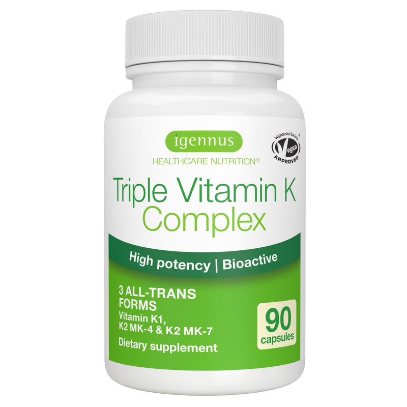 [Australia] - Igennus High Strength Triple Vitamin K Complex 2700 mcg, K1 & K2 (MK-4 & MK-7), Clean Label, Advanced Bioactive Forms, Bone & Cardiovascular Support, Vegan, 90 Fast Action Capsules 