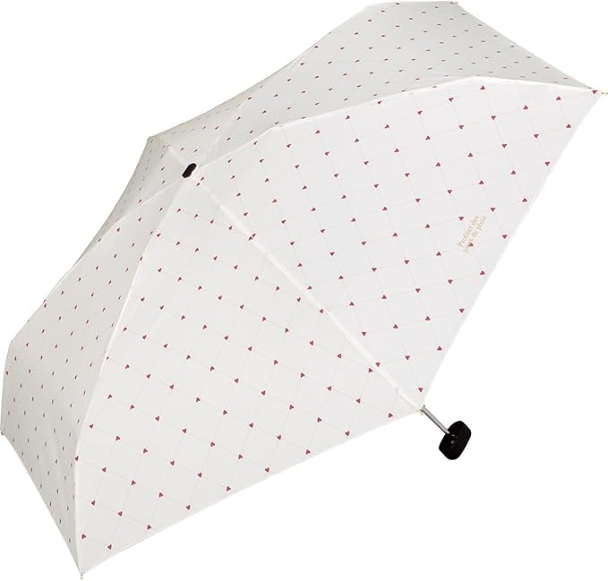 Heart Print & Cross Line Mini Umbrella White – Cute Compact Foldable Rain & UV Umbrella with Zippered Case