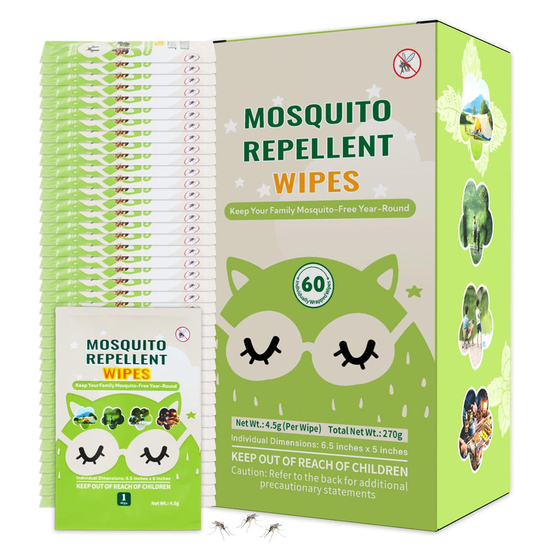 [Australia] - 60 PCS Mosquito Repellent Wipes, Individually Wrapped Insect Repellent Wipes Made of Natural Plant-Based Essential Oils, Safe & Effective Insect Protection Perfect for Outdoor Activities, Long-Lasting 60 
