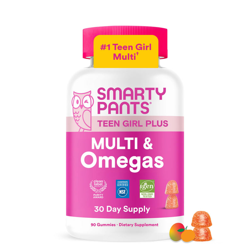 SmartyPants Teen Girl Multivitamin Gummies, Omega 3 (DHA/EPA), Vitamin C, D3, B12, Vitamin A, K & Zinc, Biotin to Support Hair, Skin & Nails, Gluten Free, 60 Count (30 Day Supply) Multi + Omega