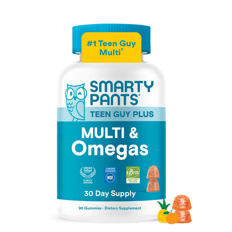 SmartyPants Teen Guy Plus Multi & Omegas Multivitamin Gummies with Omega 3 DHA/EPA, Vitamins D3, C, B12, B6, A, K, Zinc, Folate, Gluten Free, Clean Label, Pineapple Orange, 60 Gummies (30 Day Supply) 1 Count (Pack of 1) Multi + Omega