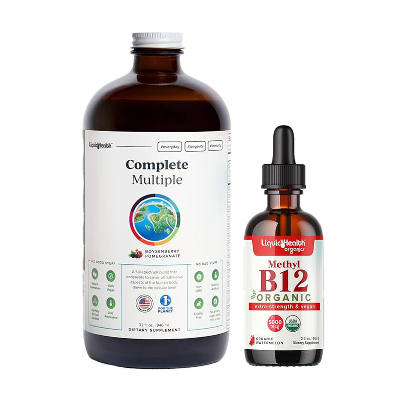 LIQUIDHEALTH Complete Multiple Daily Multivitamin & Organic Methyl B12 5000mcg Vitamin Drops with Tart Cherry Juice for Immune Support, Natural Energy Boost, Improved Memory & Focus, Overall Health