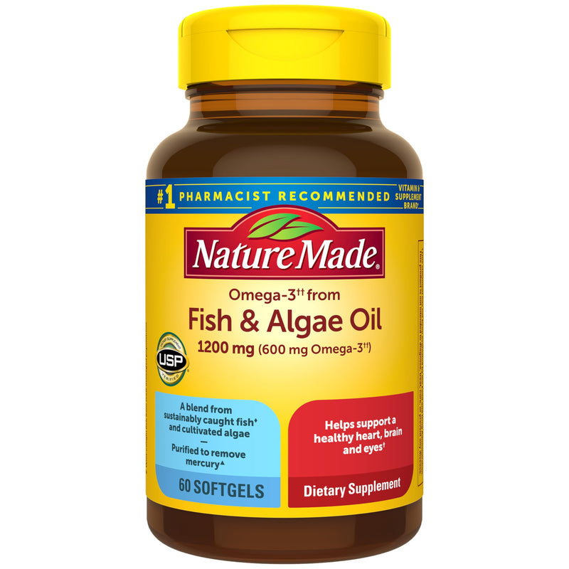 Nature Made Omega 3 Fish Oil and Algae Oil Supplements 1200mg, 60 Softgels | Algae Oil & Fish Oil Blend, Omega 3 Supplement for Heart, Brain and Eyes Support, One Per Day, 60 Day Supply