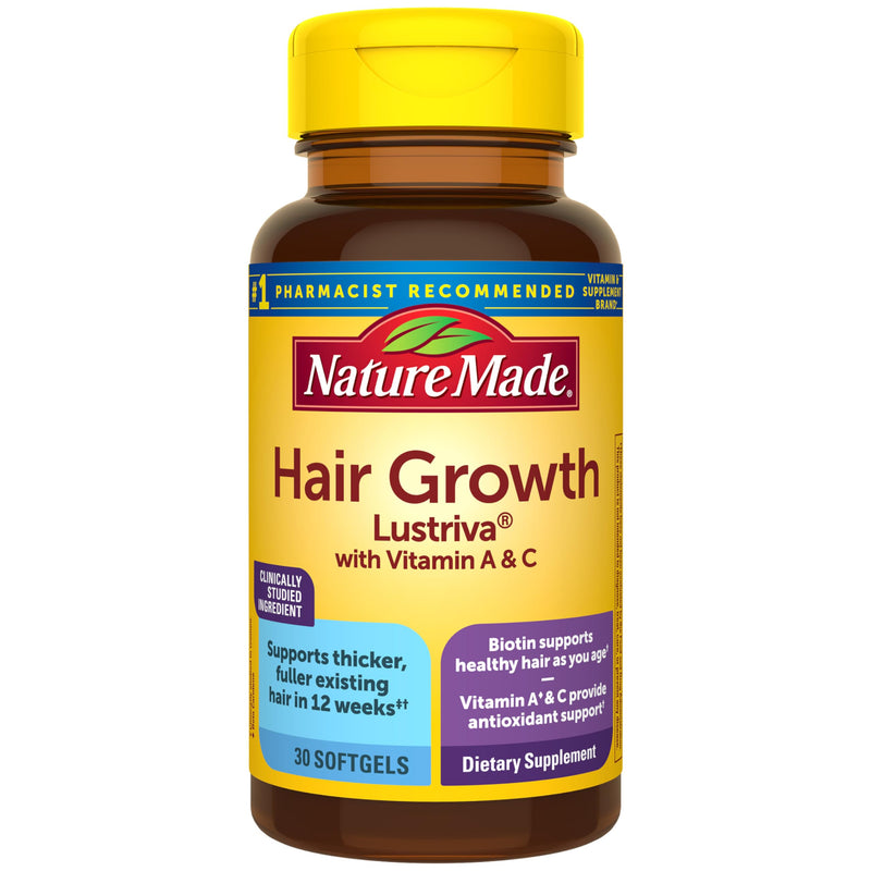 Nature Made Hair Growth Softgels, 30 Softgels | Clinically Studied Lustriva + Biotin, Vitamin C & A, Hair Growth Vitamins, Support Healthy Hair as You Age, 30 Day Supply 30 Count (Pack of 1)