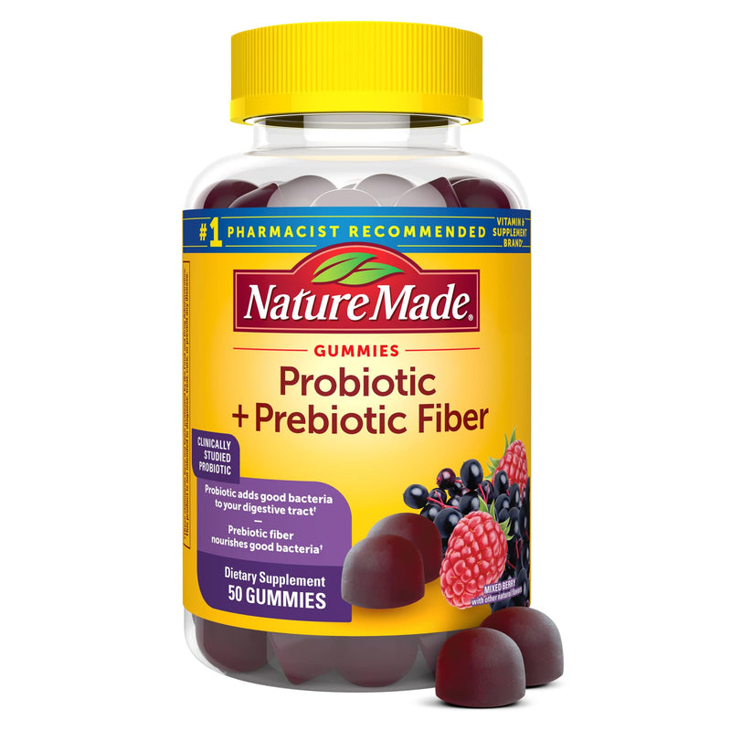 [Australia] - Nature Made Probiotic + Prebiotic Fiber Gummies, Gut Health, Fiber Supplement and Probiotics for Digestive Health, 50 Gummies, 25 Day Supply 
