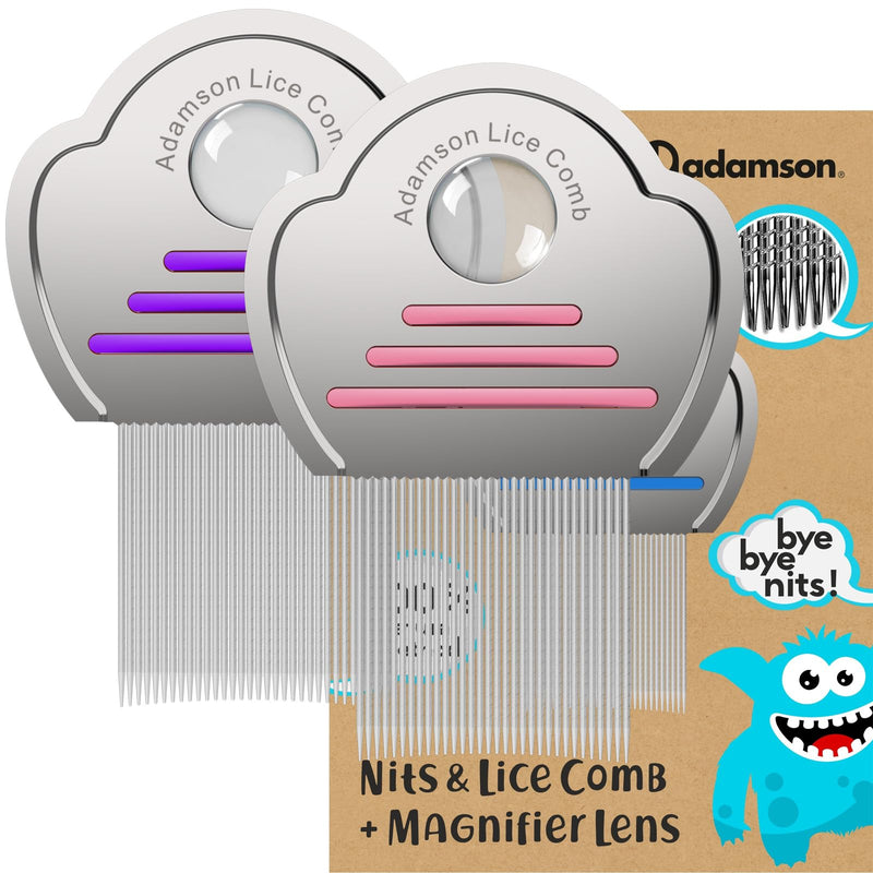 [Australia] - Adamson Lice Comb Duo - Stainless Steel Lice Comb for Kids x 2 - Effective Against Nits - For Thick Hair - Durable and Easy to Clean - Pink & Purple Set 