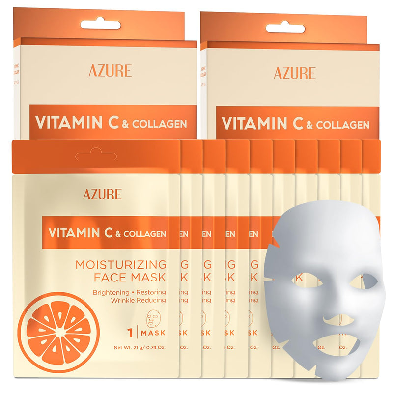 Vitamin C & Collagen Korean Sheet Masks, Dermatologist Tested - 10 Pack Vitamin C & Collagen (Pack of 10)