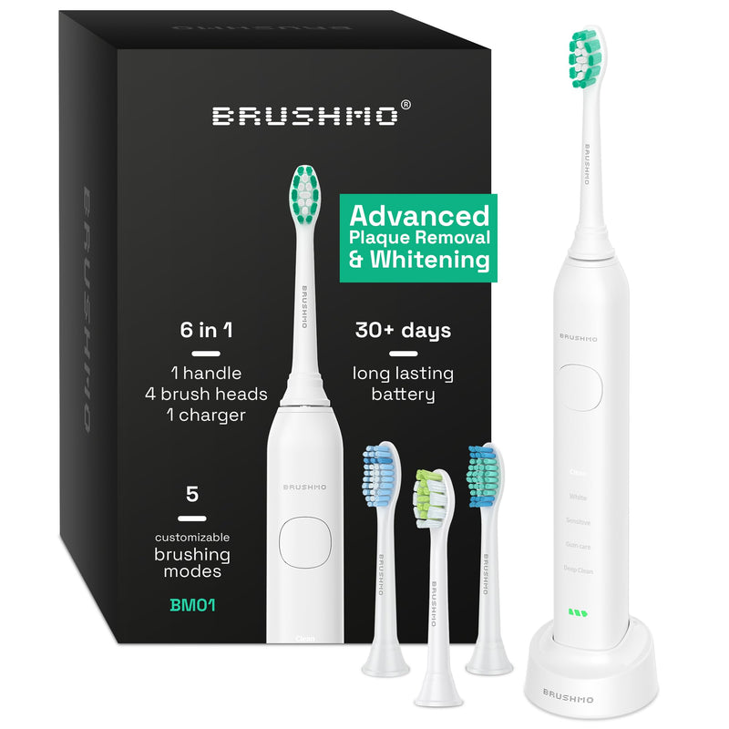 [Australia] - Brushmo Super Sonic Electric Toothbrush with 4 Replacement Heads - Rechargeable Electronic Tooth Brush for Adults with 5 Customizable Modes - IPX7 Waterproof & Long-Lasting Battery - White 4 Count (Pack of 1) 