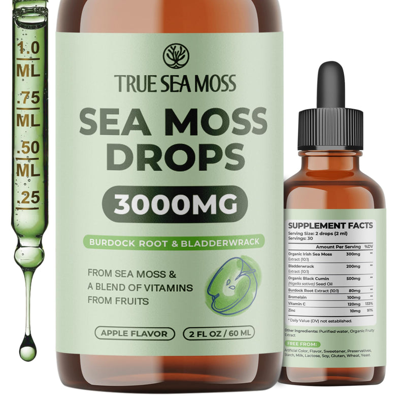 TrueSeaMoss Sea Moss Liquid Drops – Apple, 30 Servings | Irish sea moss liquid drops with black cumin seed oil, bladderwrack, burdock root, vitamin C & zinc. Apple flavor