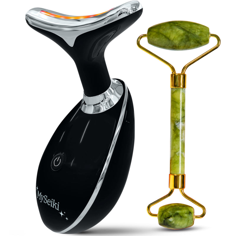 7 LED Light Beauty Tool – Face and Neck Massager with Jade Roller, Case, Black