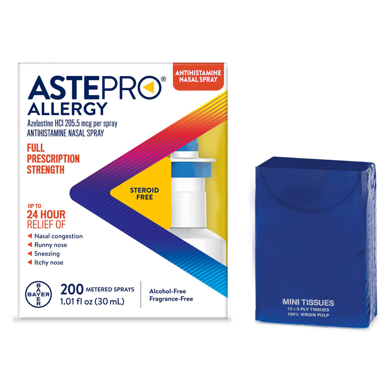 [Australia] - Astepro Nasal Spray and Tissue Bundle, 24-Hour Allergy Relief, Steroid-Free Azelastine HCI, Nasal Congestion, Runny & Itchy Nose, 200 Metered Sprays (Packaging May Vary) 200 Count Bundle 