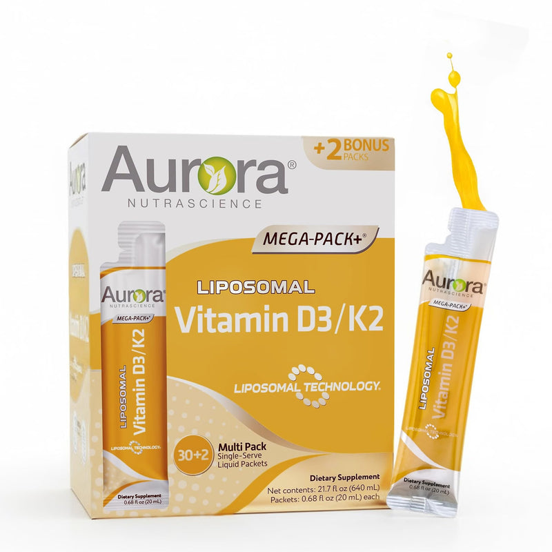 Aurora Nutrascience Liposomal D3 with K2 Mega-Pack, 32 Single Serve Packets | Liquid Vitamin D3 K2 Supplement for Adults, Healthy Immune and Bone Support, Vegan, MCT-Enhanced, Superior Absorption 1 Fl Oz (Pack of 32)