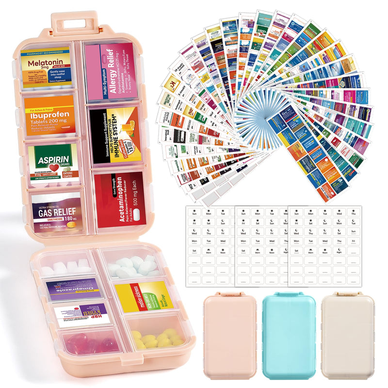3 Pack 14 Grids Travel Pill Organizer Box with 415-Pcs Medicine Name Labels - Pocket Daily Pharmacy Case Container Kit - Travel Medication Holder Dispenser for Fish Oil Vitamin, Khaki+Pink+Sky Blue Khaki+pink+blue with Bulk Med Labels