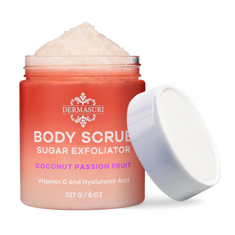 Dermasuri Exfoliating Sugar Body Scrub, Hyaluronic Acid, Shea Butter, 227g | Vitamin C Body Scrub For Women & Men, Hydrating Body Exfoliator Removes Dead, Dry Skin, Coconut Passion Fruit, All Skin Types