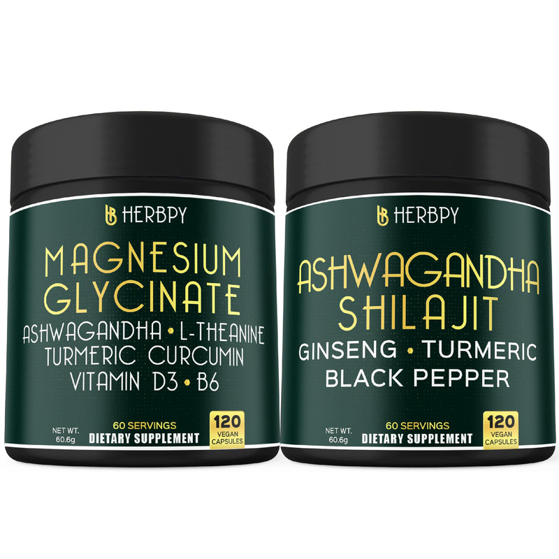 Herbpy Bundle 6in1 Magnesium Glycinate Supplement& 5in1 Ashwagandha Capsules