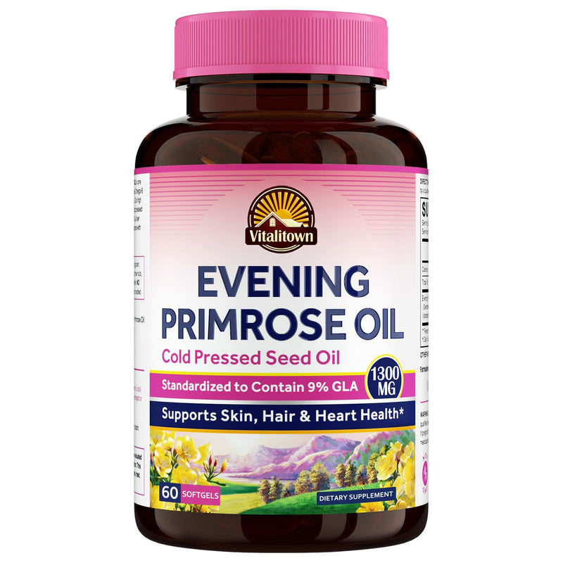 [Australia] - Vitalitown Evening Primrose Oil 1300mg, Cold-Pressed Seed Oil, Standardized 9% GLA (Gamma-Linolenic Acid), Healthy Skin & Hormonal Balance for Women, Non GMO, 60 Softgels 