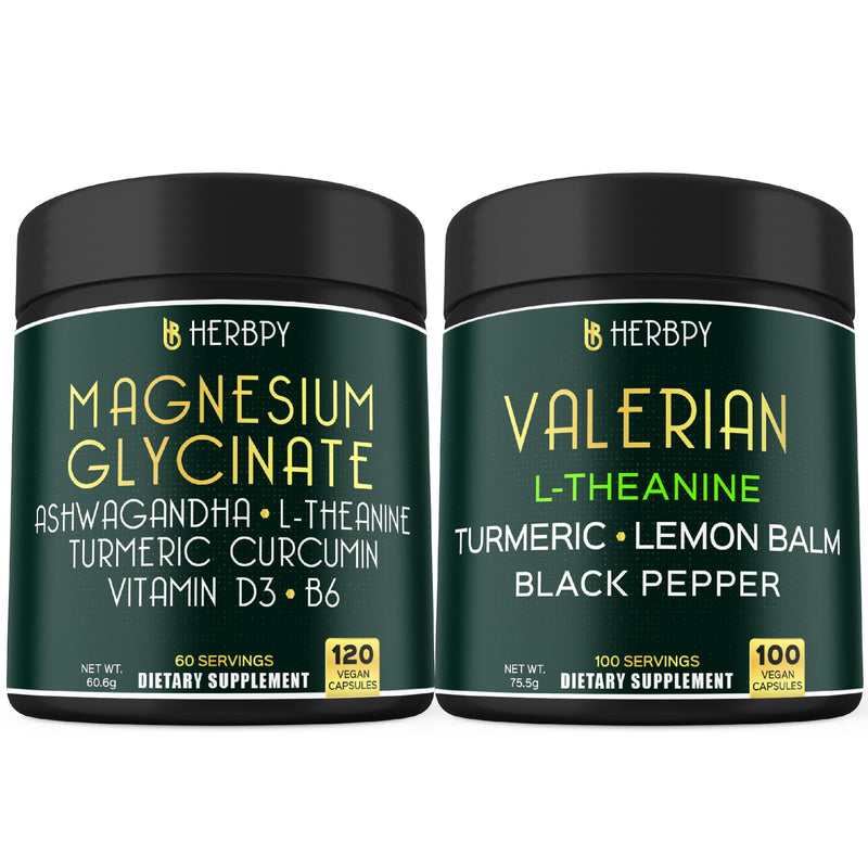 Herbpy Bundle 6in1 Magnesium Glycinate Supplement & 5in1 Valerian Root Capsules