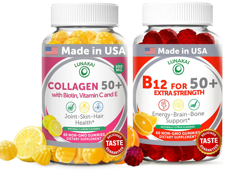 Lunakai USA Made Collagen & B12 Gummies Bundle for Adults 50+, Supports Skin, Hair, Joint Health & Energy, Non-GMO, Delicious Lemon & Orange Flavors, 60ct Each