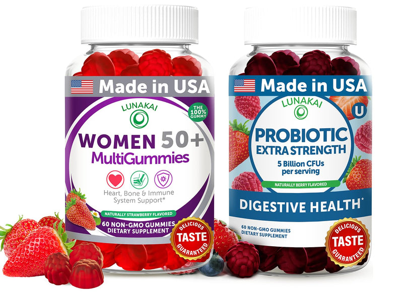 Lunakai USA Made Women 50+ Multivitamin & Probiotic Gummies Bundle – Immune & Digestive Support – 60 Non-GMO Gummies Each