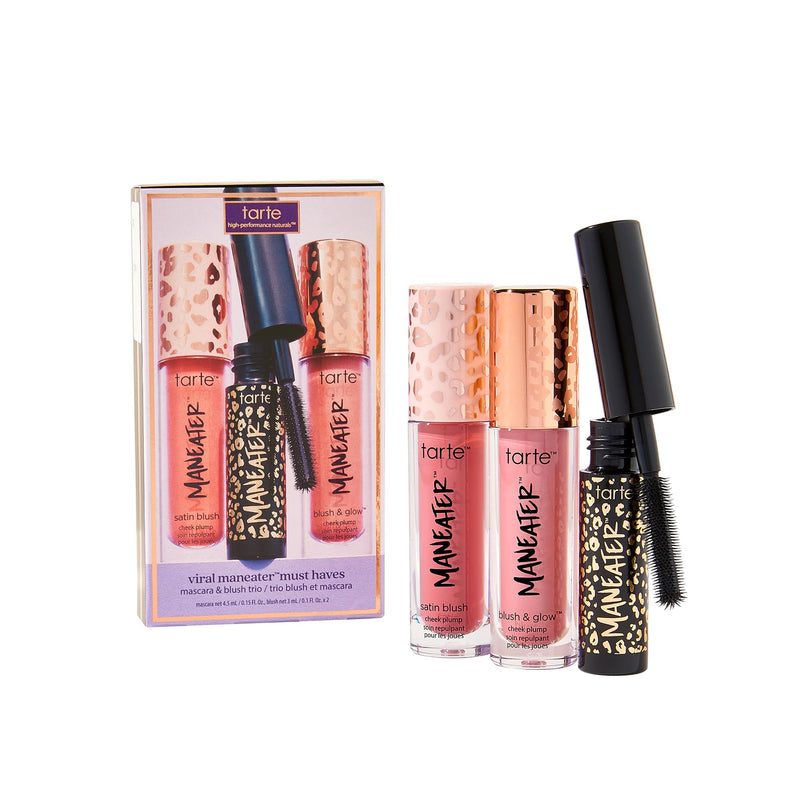 [Australia] - tarte viral maneater must haves mascara & blush trio - Black Mascara for Extreme Curl, Volume & Length, Lightweight Cheek Tint & Illuminator with Hyaluronic Acid & Vitamin E, Cruelty Free pink & pink coral 