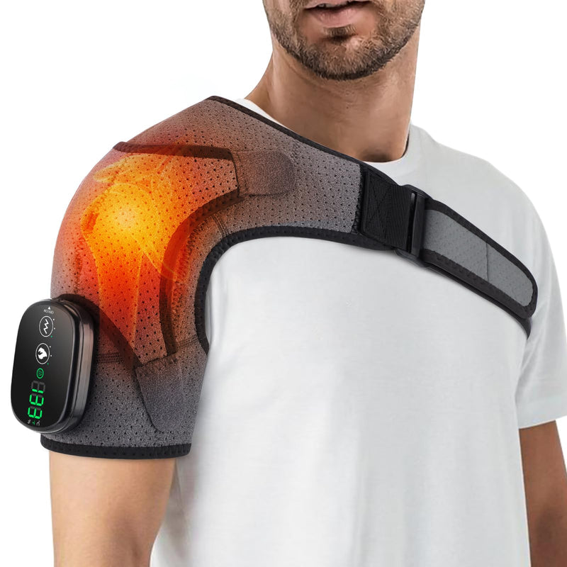 Cordless Heated Shoulder Brace with Vibration, 3 Heat & Massage Settings, Shoulder Heating Pad for Pain Relief, Adjustable Shoulder Warmer for Men and Women(Grey)
