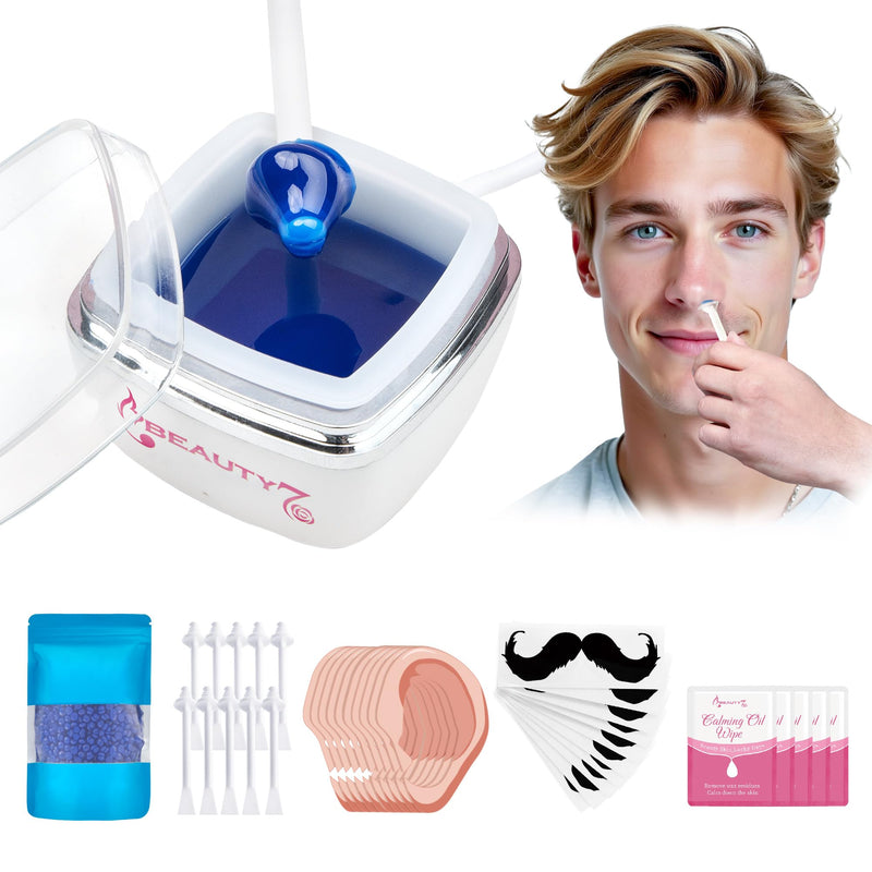 Beauty7 Nose Wax Kit, Ear Nose Waxing Kit for Women and Men, Portable Wax Warmer for Facical Hair Removal, USB Rapid Heating, 100g Waxing Beads, 10 Applicators, 10 Mustache Patches, 5 Calming Oil Wips