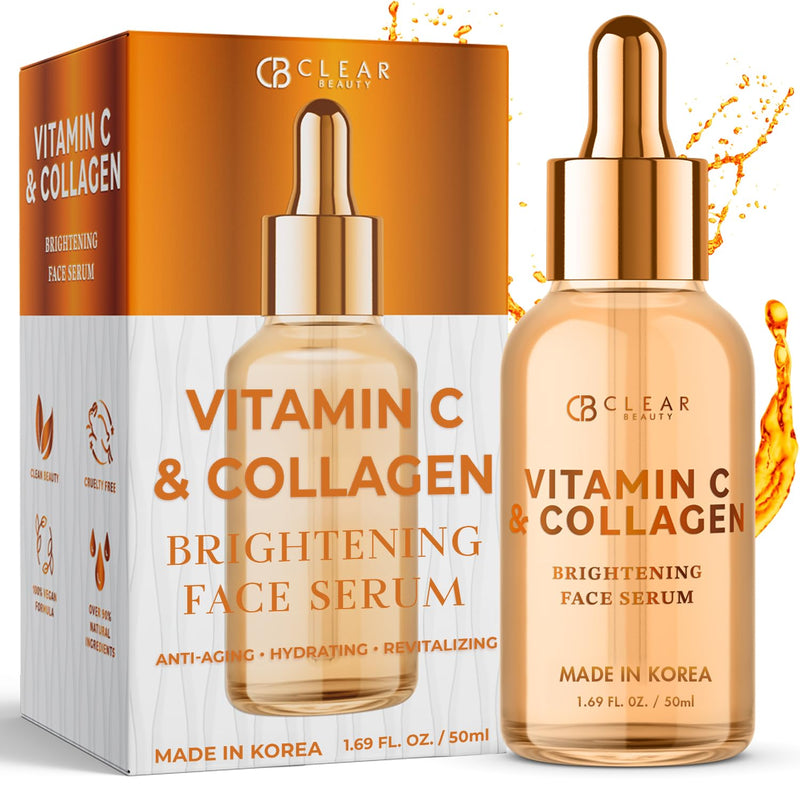 Clear Beauty Vitamin C Serum For Face with Collagen – Dermatologist Tested, Anti Aging, Korean Skin Care – Hydrates, Firms, Targets Dark Spots & Supports Skin Barrier – Vegan, Clean Beauty, 1.69 Fl Oz Vitamin C & Vegan Collagen