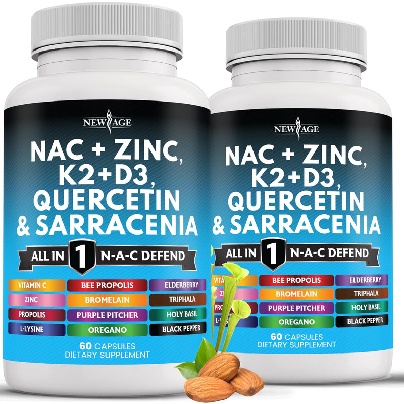 [Australia] - NEW AGE NAC Supplement N-Acetyl Cysteine- with Vitamin D3, K2, Zinc, Quercetin, Triphala, Sarracenia Purpurea, Elderberry, Holy Basil, Bee Propolis, Bromelain, L-Lysine - 120 Count 60 Count (Pack of 2) 