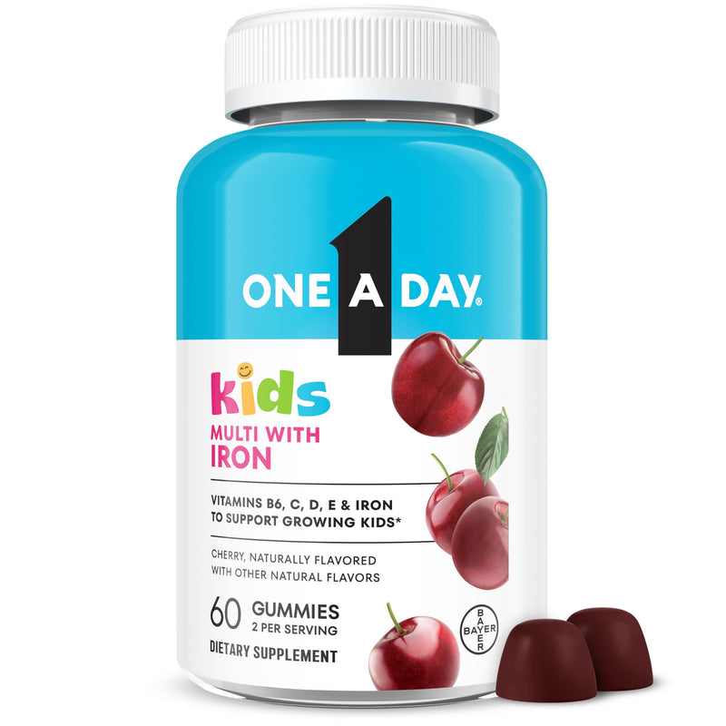 One A Day Kids Multivitamin with Iron Gummy, Vitamin D, Vitamin C, E, Zinc for Immune Support, Gummy Vitamins, Kids Multivitamin Gummies with Iron, Cherry Flavor, 60 Count (Packaging May Vary)