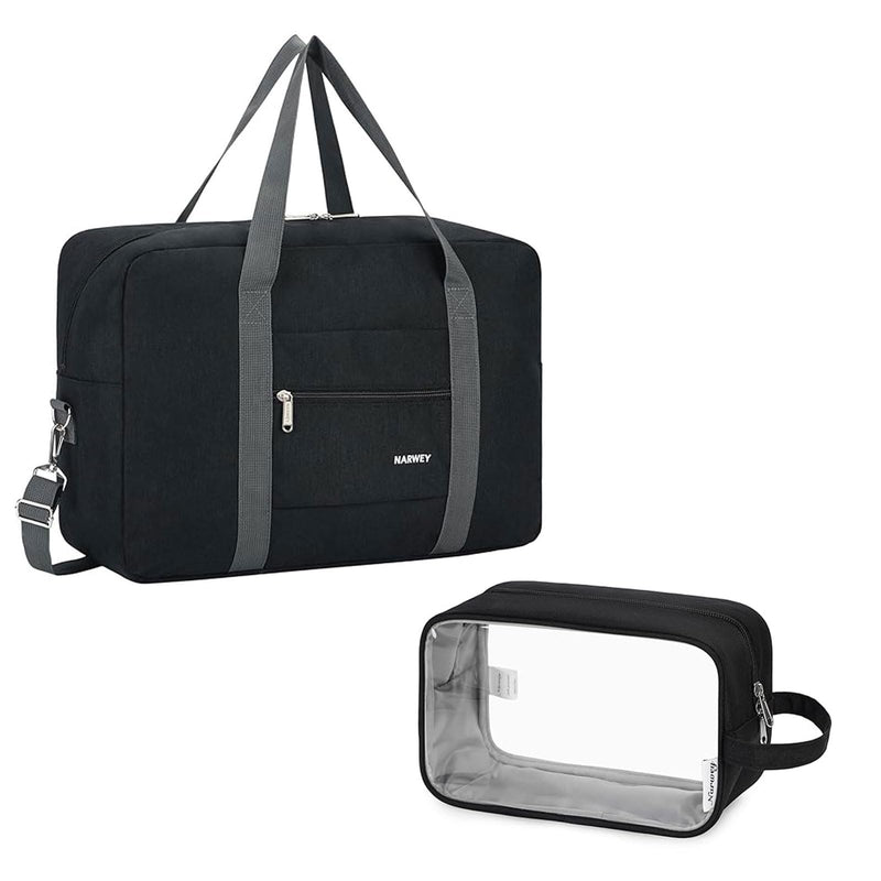 Narwey Foldable Travel Duffel Bag with Shoulder Strap + Clear Travel Toiletry Bag for Women and Men