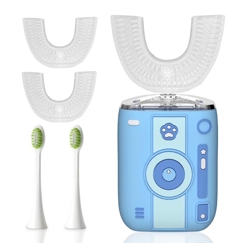 [Australia] - Adult Sonic Automatic Electric Toothbrush, 360° Oral Cleaning Stain Whitening, IPX7 Waterproof Rechargeable, u-Shape Brush Head*3+Straight Handle Brush Head*2, Suitable for Travel or Home Use Sky Blue 