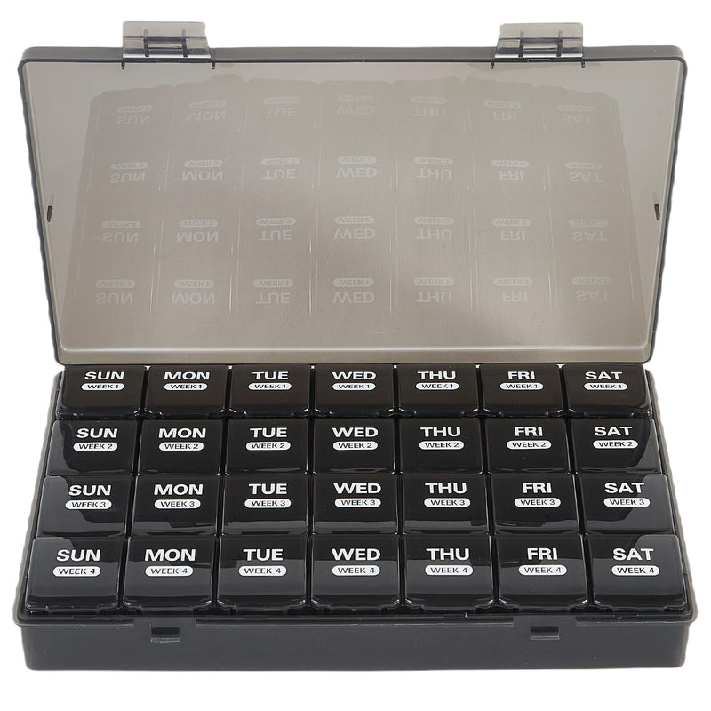 Monthly Pill Organizer, Once a Day, 4 Weeks a Month, 28 Days in a Large Pill Box, Portable for Travel, can Hold a Large Amount of Vitamins, Supplements, Fish Oil, and Medication (Black) Black