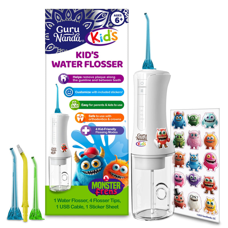 [Australia] - GuruNanda Kids Water Dental Flosser - 4 Flossing Modes, 4 Nozzles, 2-Min Smart Timer, Ages 6+, Monster Frens Theme, Portable Oral Care for Kids 