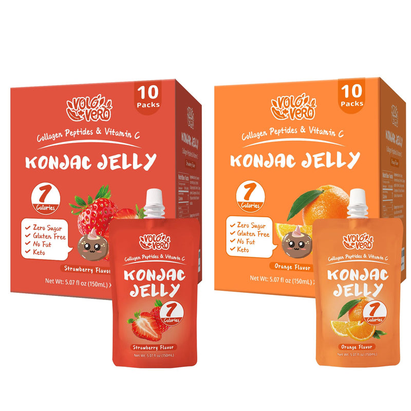 Konjac Jelly Drinkable Pouch with Collagen Peptides and Vitamin C, 20 Packs, 7 Calories, Strawberry and Orange Flavor, Gluten Free, Keto,Zero Sugar, Healthy Fruit Sweet Snacks Gifts,