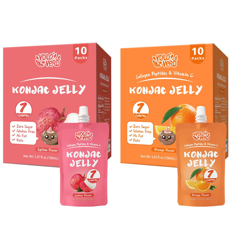 Konjac Jelly Pouch Drinkable Lychee and Orange Flavor with Collagen Peptides and Vitamin C, 20 Packs, 7 Calories, Gluten Free, Zero Sugar,Keto, Low Fat Healthy Fruit Snacks, Holiday Gifts