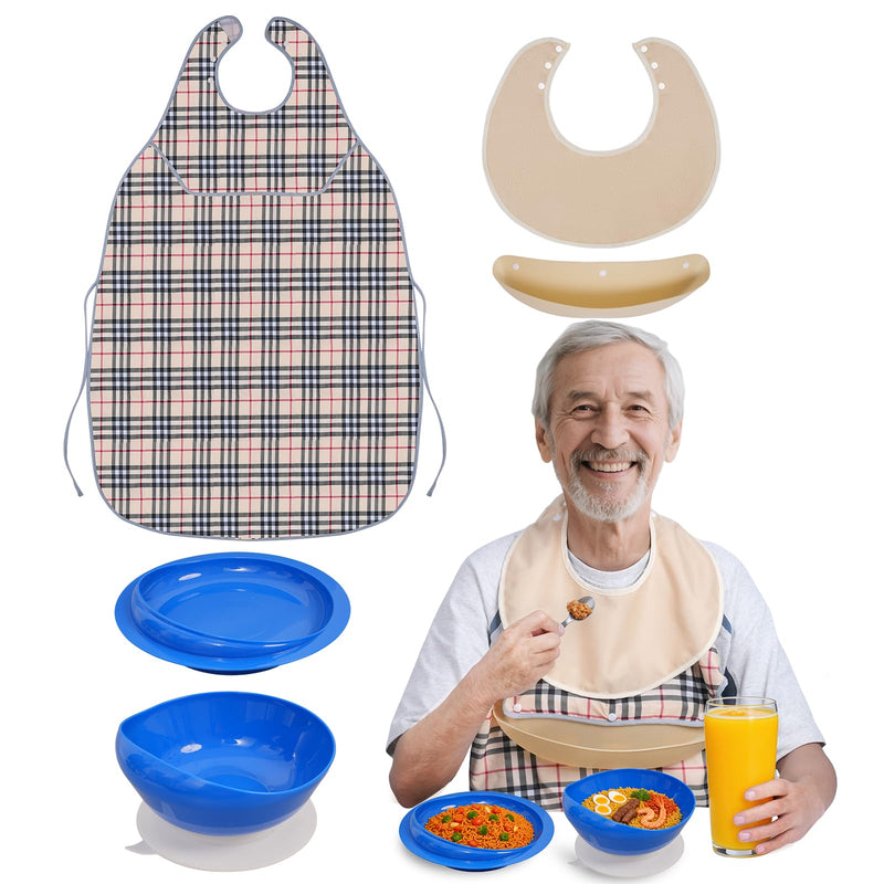 [Australia] - Adaptive Utensils for Elderly with Suction Base, Parkinsons Utensils with Bibs, Adaptive Dinnerware Dish for Handicapped, Spill Proof Bowl and Plate with Lipped Edges for Dementia, Stroke, and Tremor 