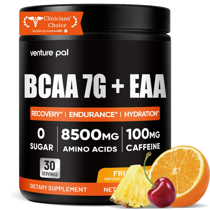 Venture Pal Sugar Free 7g BCAA + EAA Powder | Supports Muscle Recovery, Growth, Strength & Endurance – 9 Essential Amino Acids with L-Glutamine, Caffeine, Vitamin & Electrolyte for Energy & Hydration 12.7 Ounce（Pack of 1) V1-Fruit Punch-1