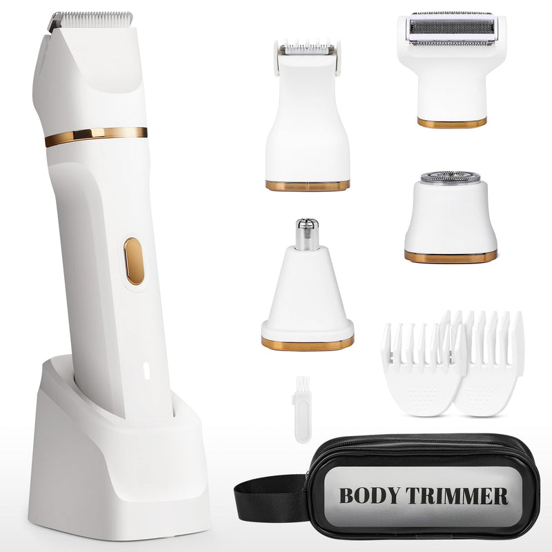 [Australia] - Electric Bikini Trimmer for Women - 5 in 1 Rechargeable Electric Razors for Women, IPX7 Waterproof Pubic Hair Trimmer, Painless Womens Body Shaver, Facial Razor & Nose Hair Shaver, White 