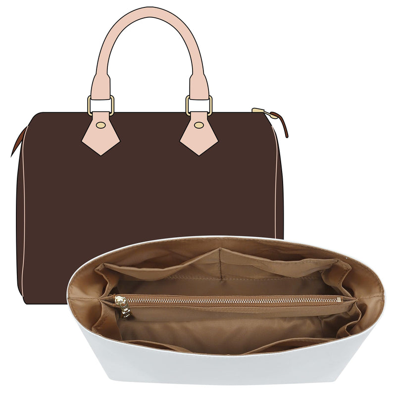 Tyvek Purse Organizer Insert for LV Speedy 30 Bag, White Brown | Speedy 30 Insert, Waterproof Lightweight Monogram Bag Insert, YKK Zipper, 11 Pockets Storage, Cup Holder, Handbag Protector White&Brown