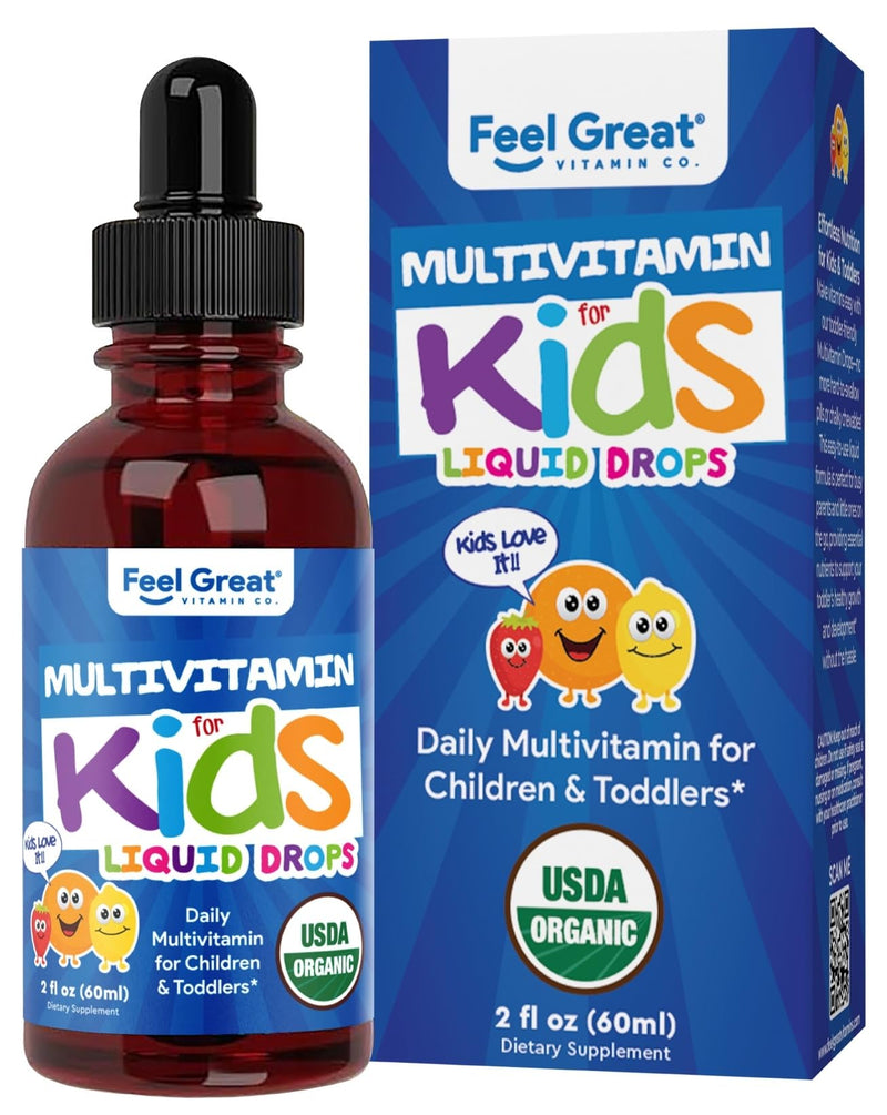 Feel Great Vitamins Organic Multivitamin Liquid Drops for Toddlers & Kids | Daily Essential Nutrients for Healthy Growth | No Iron, Sugar-Free | USDA Organic, Vegan, Non-GMO, Gluten-Free | 2 Fl Oz
