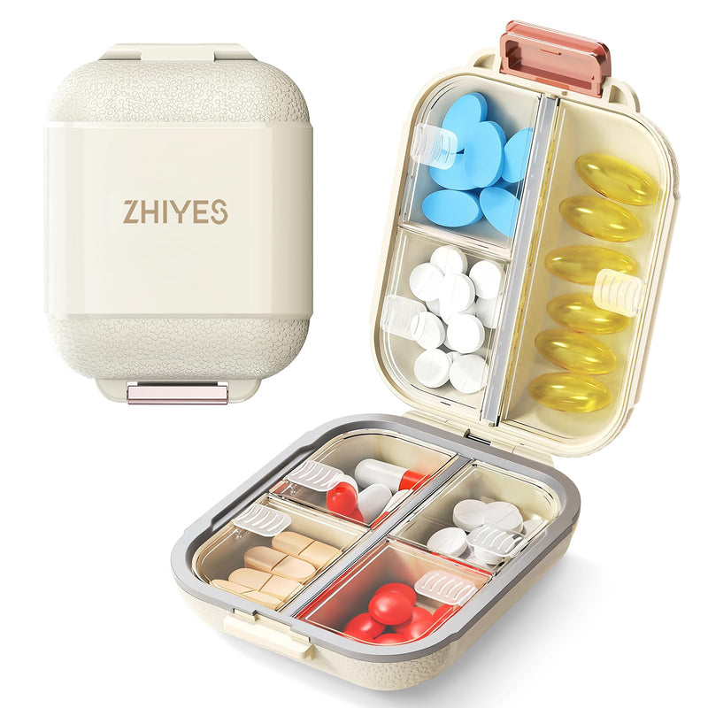 7 Compartments Travel Pill Organizer, Foldable Portable Airtight Daily Pill Box, Compact Pill Case for Purse & Pocket, BPA-Free Medicine Organizer for Vitamins Fish Oil Supplements (White) White Small