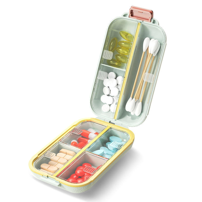 7 Compartments Travel Pill Organizer, Foldable Portable Airtight Daily Pill Box, Compact Pill Case for Purse & Pocket, BPA-Free Medicine Organizer for Vitamins Fish Oil Supplements (Green) Green Medium